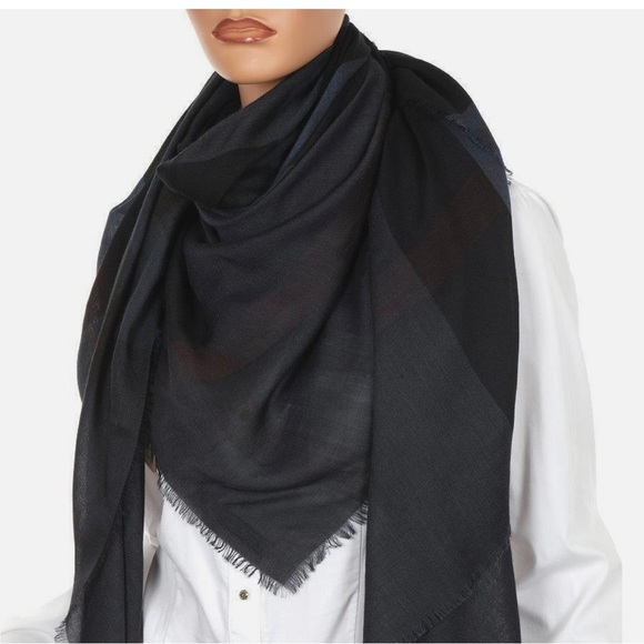 BURBERRY
 
Large Lightweight Check Silk Modal Wool Square Scarf In Navy - Picture 6 of 7